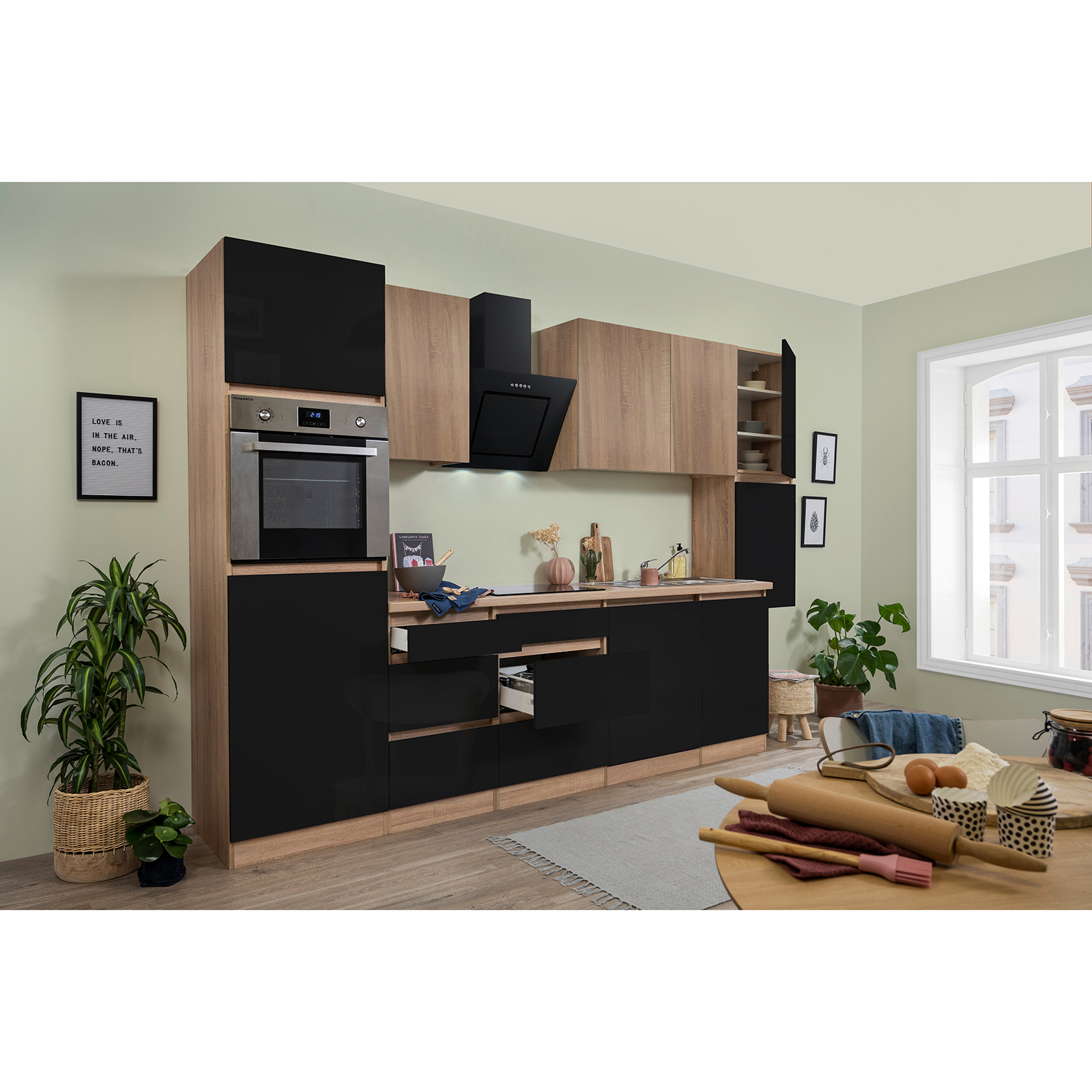RESPEKTA Küchenblock - schwarz Hochglanz-Eiche Sägerau - mit E-Geräten - 330 cm