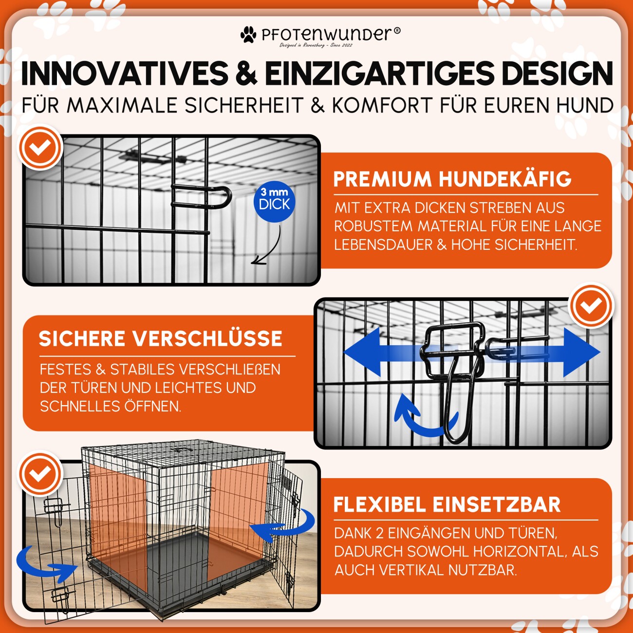 PfotenWunder® Hundekäfig klappbar 90*60*67cm, Hundetransportkäfig mit 2 Türen + 1 Abdeckung & 1 Trainingsbuch | Tiertransportbox, Hundetransportbox, Hundebox Auto, Drahtkäfig faltbar mit Bodenschale