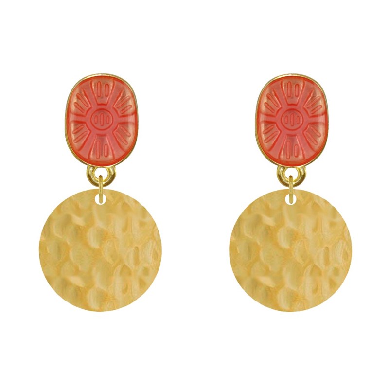 Boucles d'Oreilles Laiton Doré Ovale Soleil en Résine et Pastille Martelée