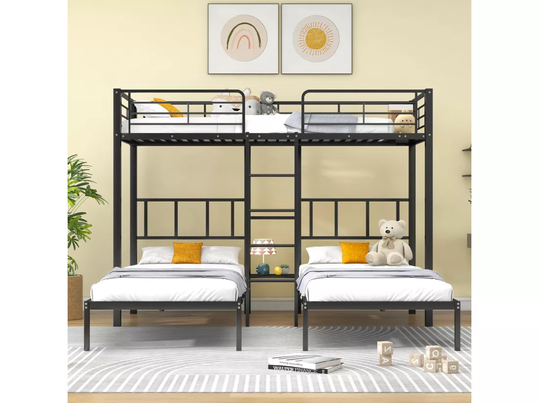 Lits superposés triple 3 x 90 x 200 cm avec échelle et table chevet pour enfant - métal - noir (sans matelas)