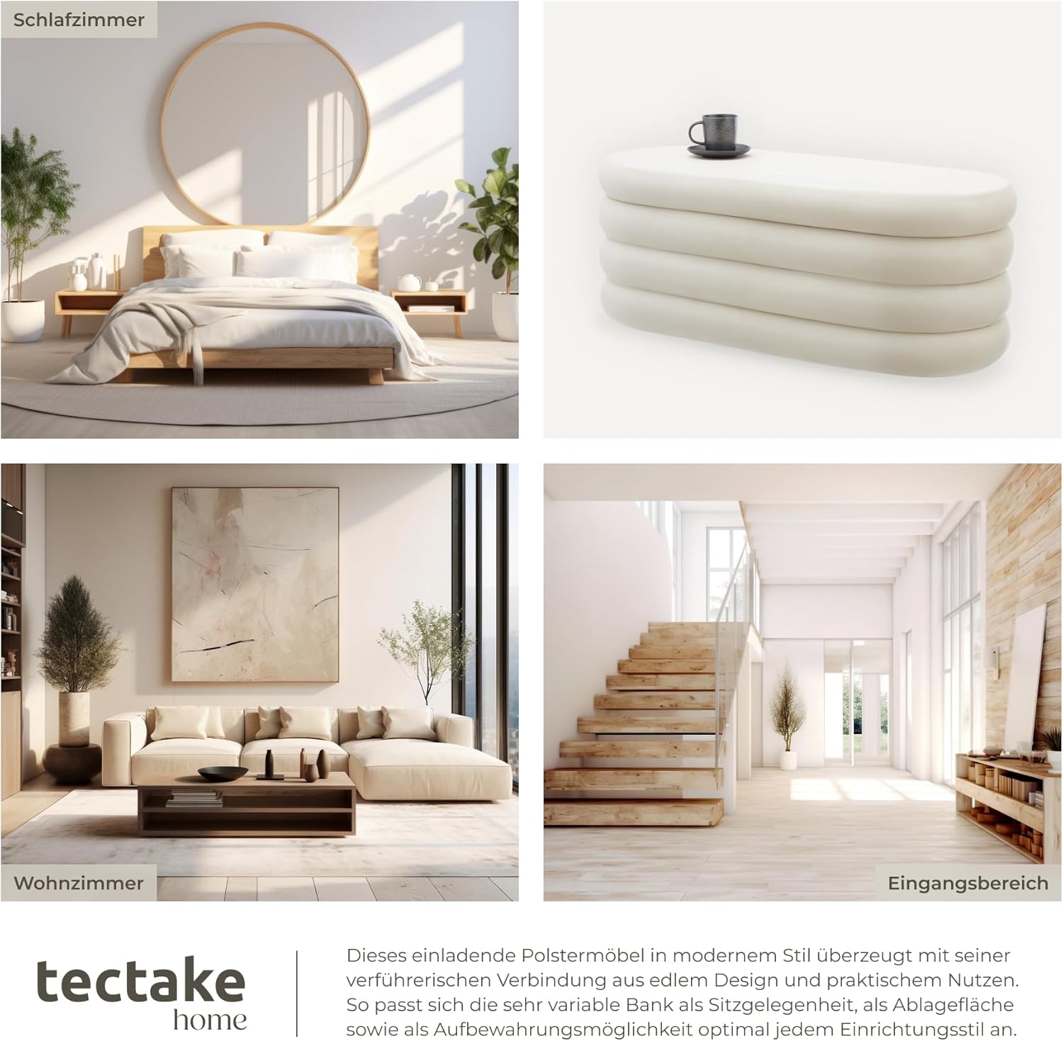 tectake® Sitzbank mit Stauraum, Sitzhocker, Hocker mit Stauraum, Pouf, Polsterhocker, Sitztruhe, Truhe mit Deckel, Truhenbank mit Stauraum, Möbel Wohnzimmer, 110 x 45 x 42 cm - Samtoptik Creme-weiß