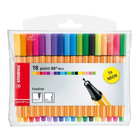 Fineliner - STABILO point 88 Mini - 18er Pack - mit 18 verschiedenen Farben inklusive 5 Neonfarben