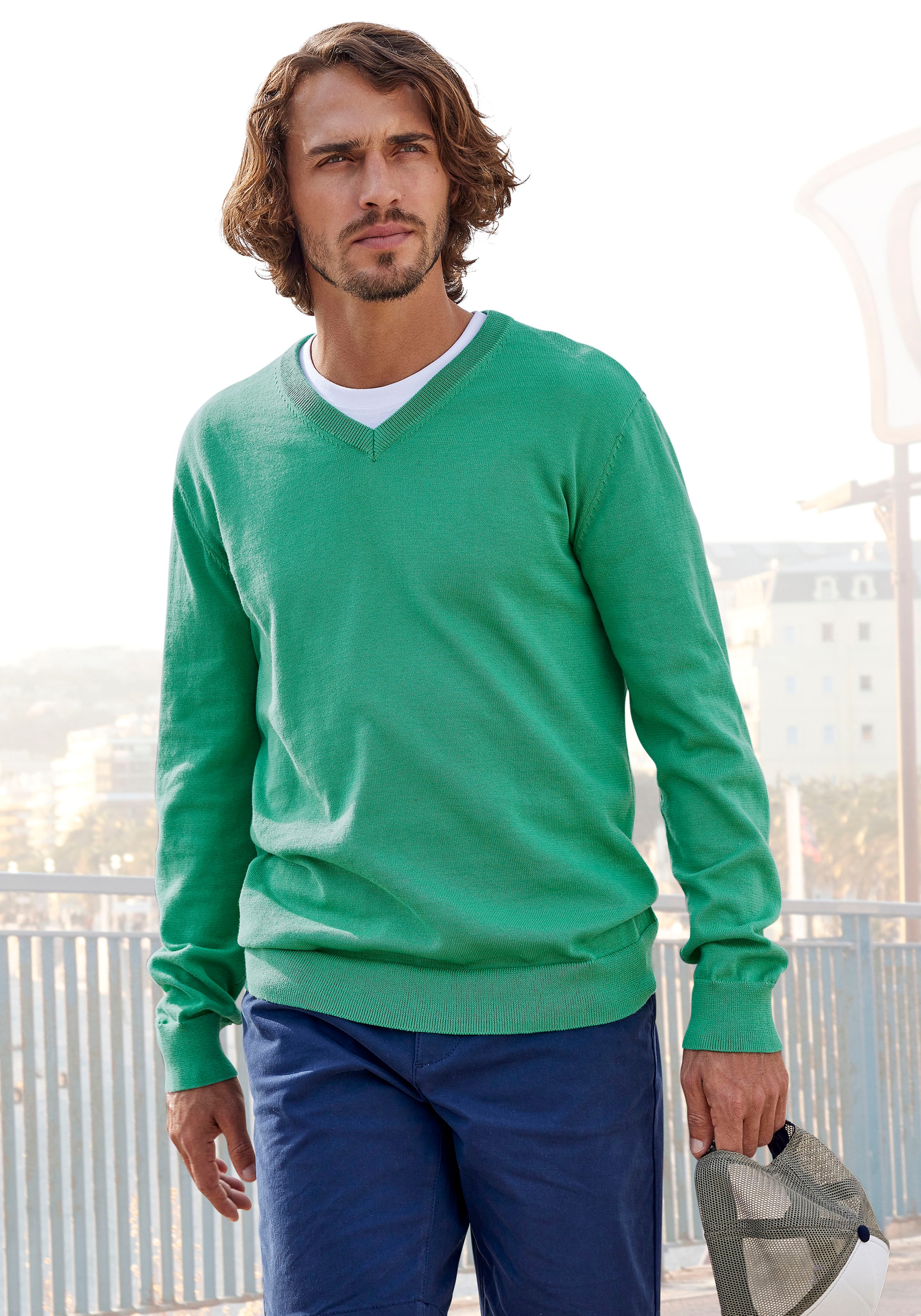 H.I.S Strickpullover , mit V-Ausschnitt, Pullover aus Feinstrick, Baumwollmischung