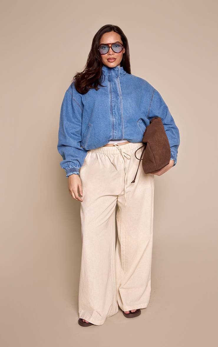 Mid Blue Wash Veste En Jean Grande Taille Col Montant À Patte De Boutonnage Dissimulée