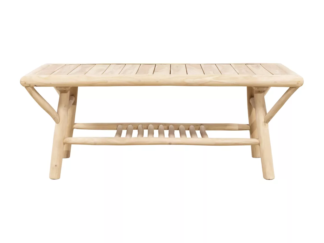 Salon de jardin en teck : un canapé 2 places, 2 fauteuils et une table basse rectangulaire - Naturel clair et blanc - TULUM de MYLIA