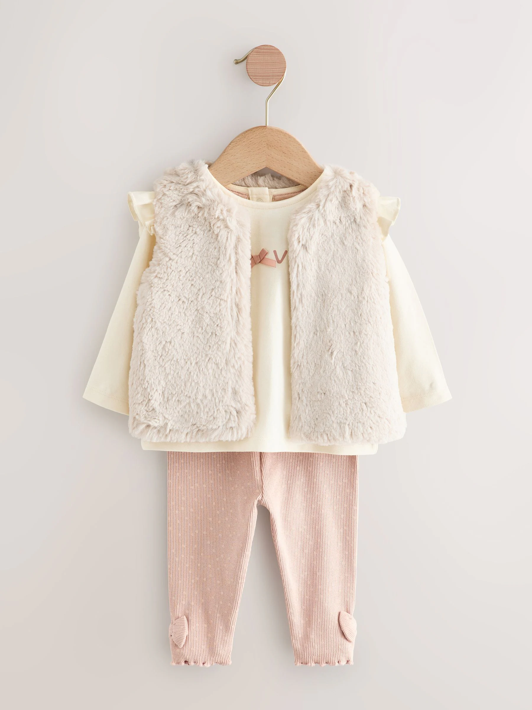 Roze/crème - 3 -delige babyset met bontgilet, top en leggings (0mnd -2jr)