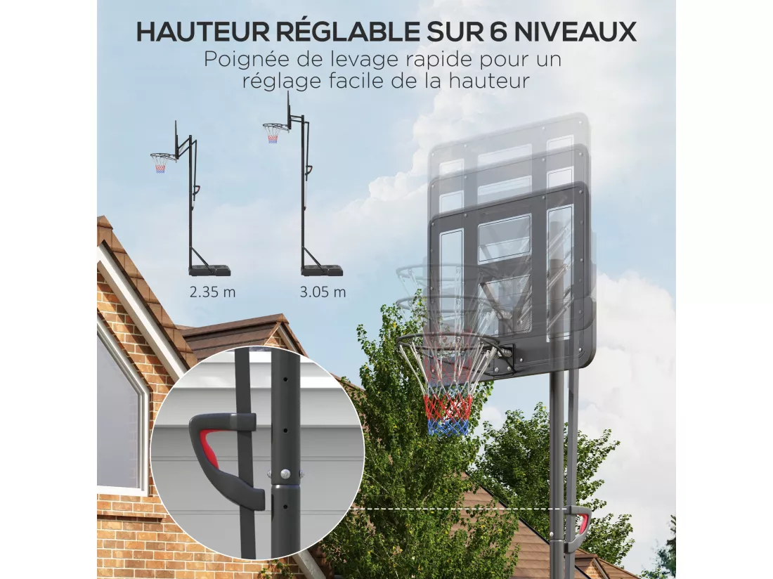 Panier de basket sur pied hauteur réglable 2,35-3,05 m - roulettes, base de lestage - acier PE noir