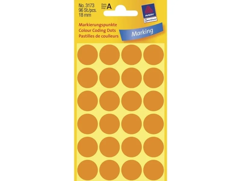 Etiket Avery lys orange Ø18 mm - (4 ark x 24 stk.)
