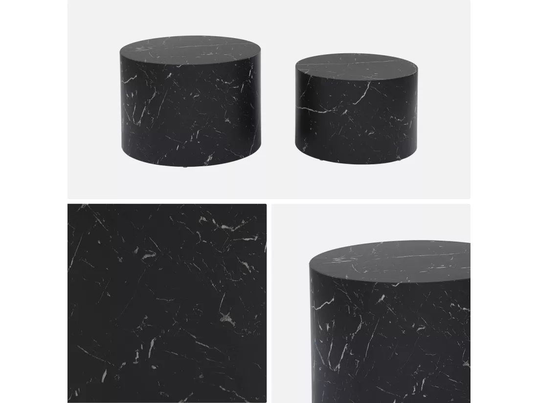 Lot de 2 tables basses PAROS rondes effet marbre noir. tables gigognes Ø58 x H 40cm / Ø50 x H 33cm