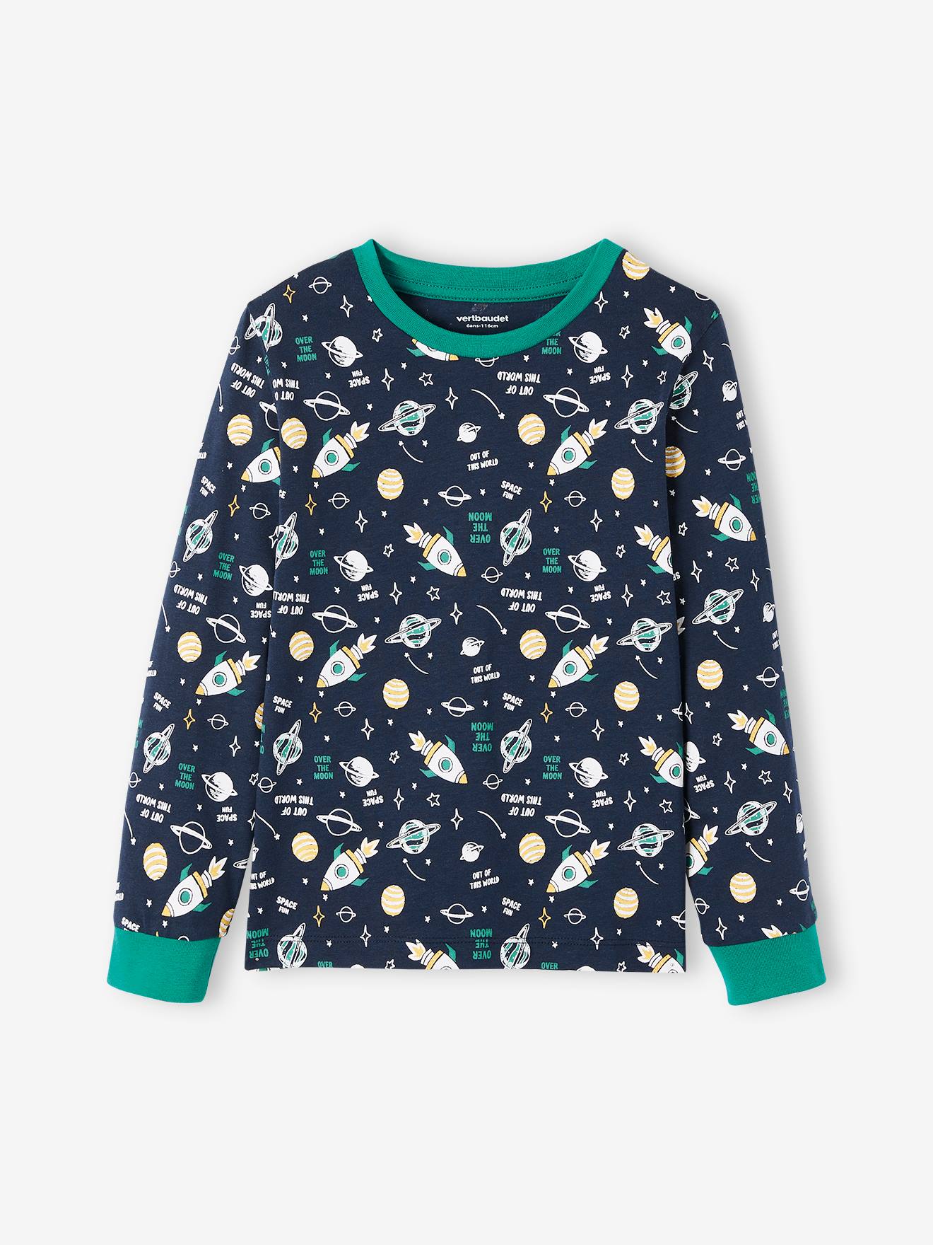 Pijama espacial, azul escuro liso para menino com estampas.