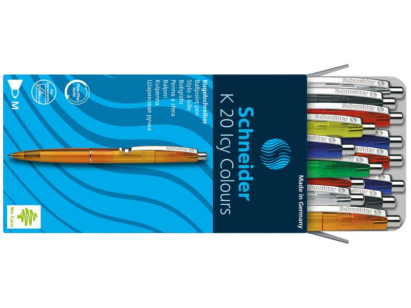 Schneider Kugelschreiber K20 ICY- M assortiert, 20 Stück Druckkugelschreiber mit Clip
