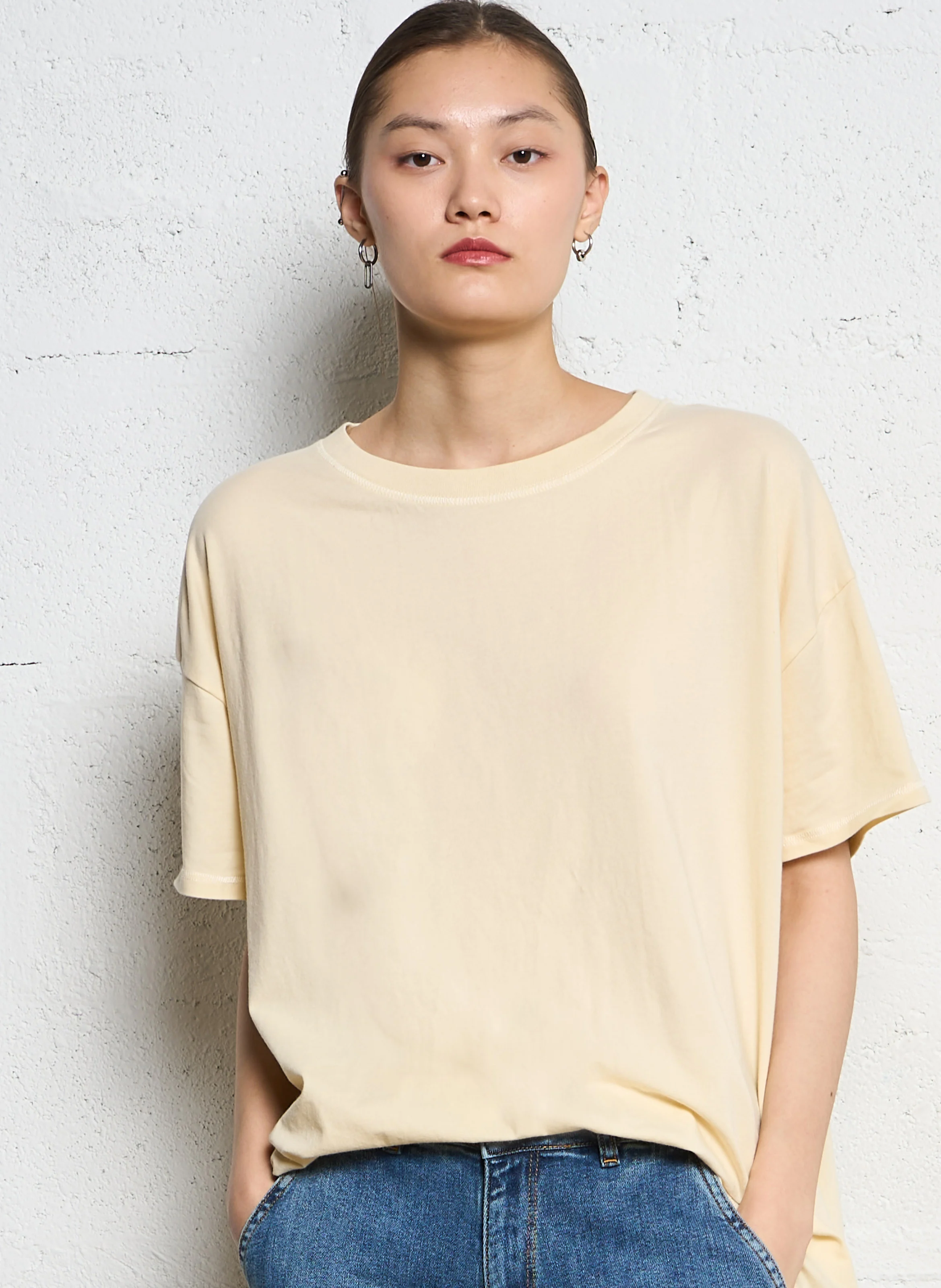 PYMAZ - Tee-shirt oversize col rond en coton mélangé | Beige