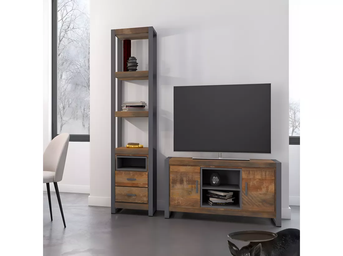 PALISSA - Etagère Multi-Rangements Bois et Acier Patiné