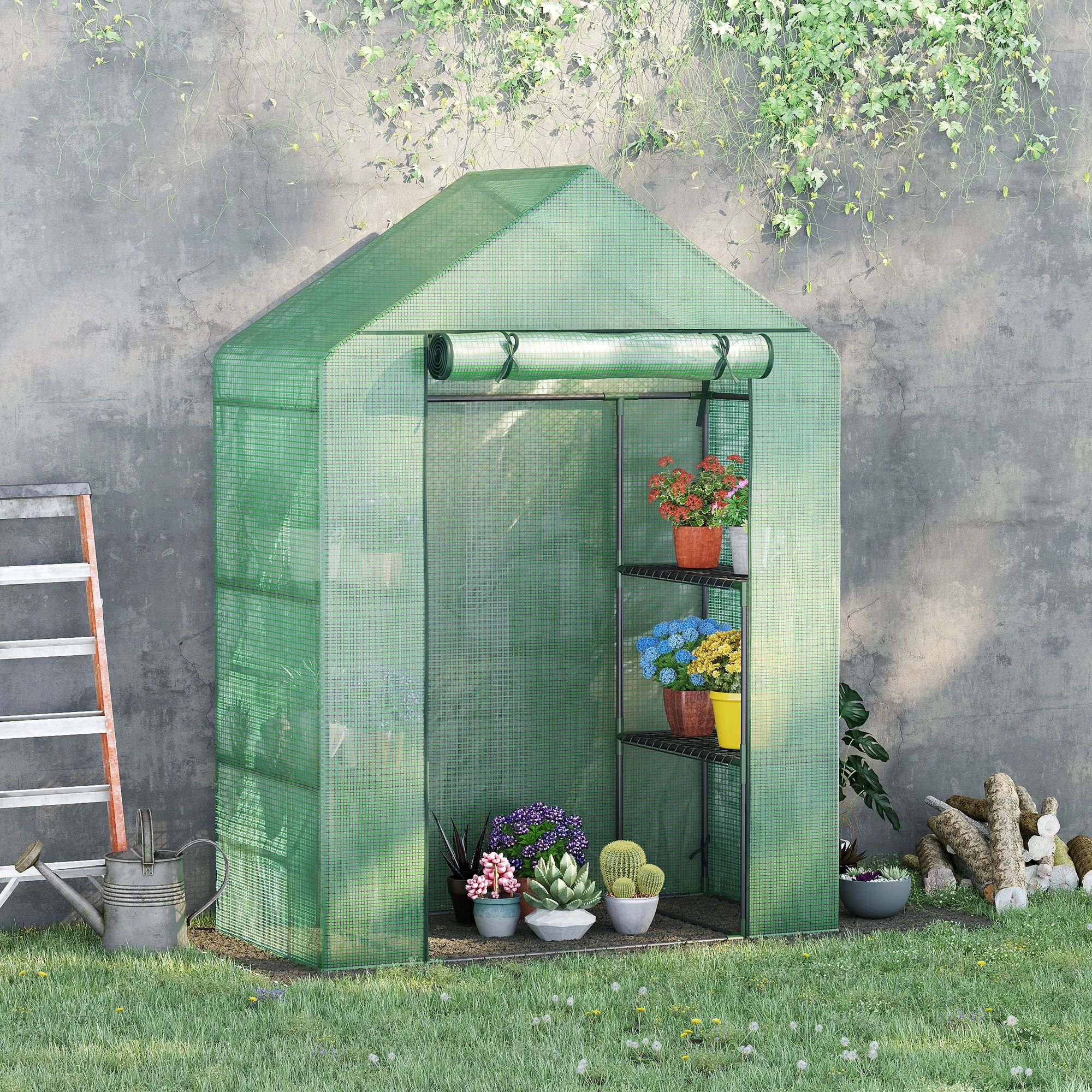 Estufa de jardim Outsunny 141x72x191 cm com 4 prateleiras, porta de enrolar, cobertura em PE de 140g/m² e estrutura de aço para cultivo de plantas, vasos, flores e muito mais.