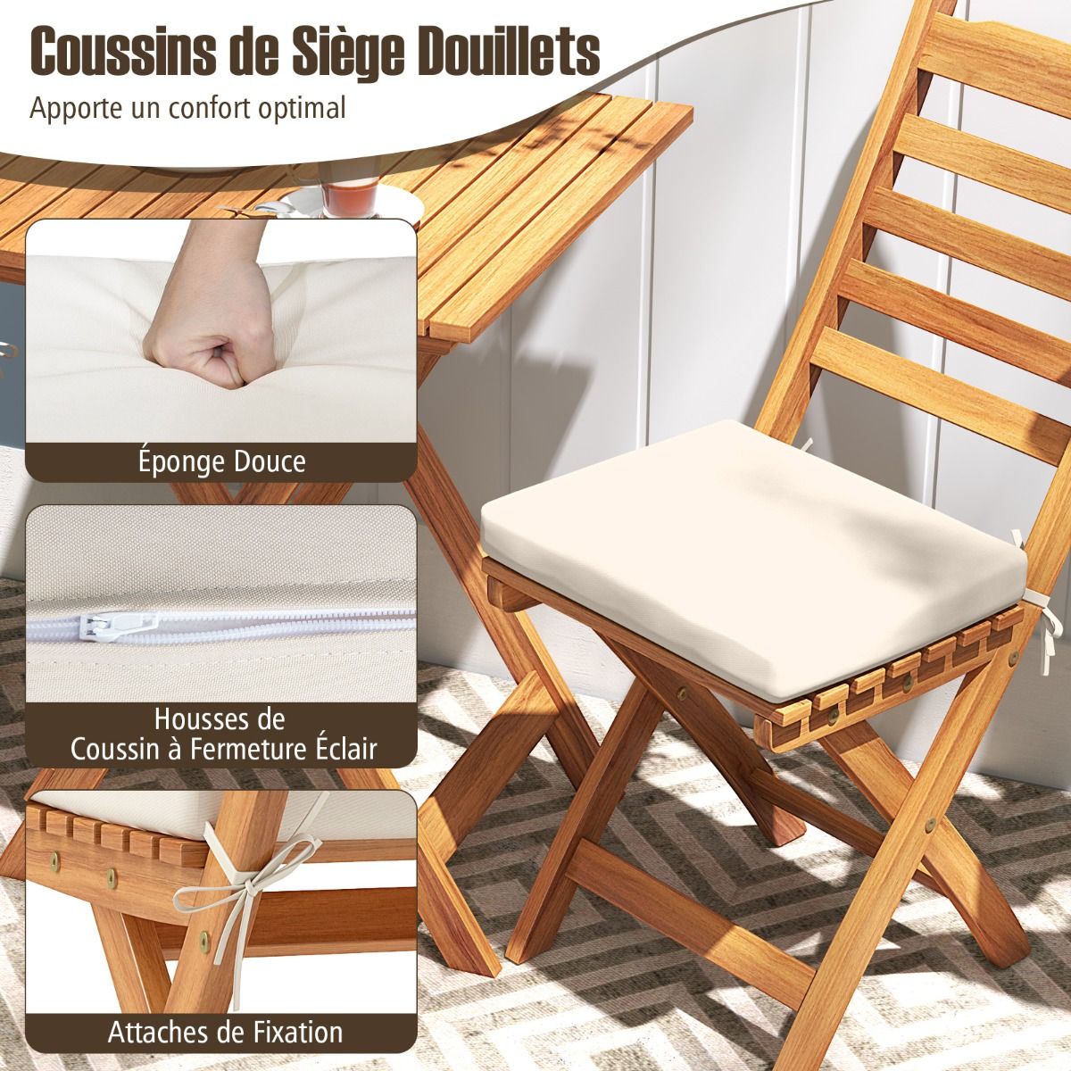 Ensemble Bistrot d'Extérieur en Bois d'Acacia Ensemble de Chaises Pliantes et Table Coussins de Siège Sans Accoudoirs à Dossier Haut Blanc - Lidl-Manfred