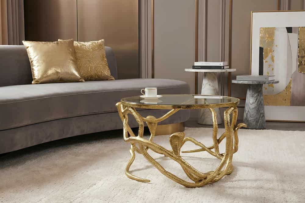 Extravaganter Couchtisch SNAKE 70cm gold rund Metall Schlangen-Skulptur Glasplatte