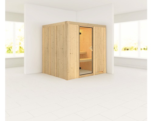 Plug & Play Sauna Karibu Maria zonder kachel en dakopbouw met gebronsde volledig glazen deur