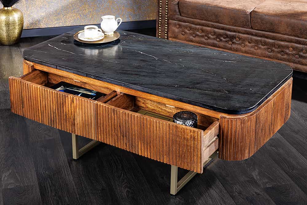 Design Couchtisch GATSBY 110cm Mangoholz massiv Marmor-Platte Retro mit Schubladen gold