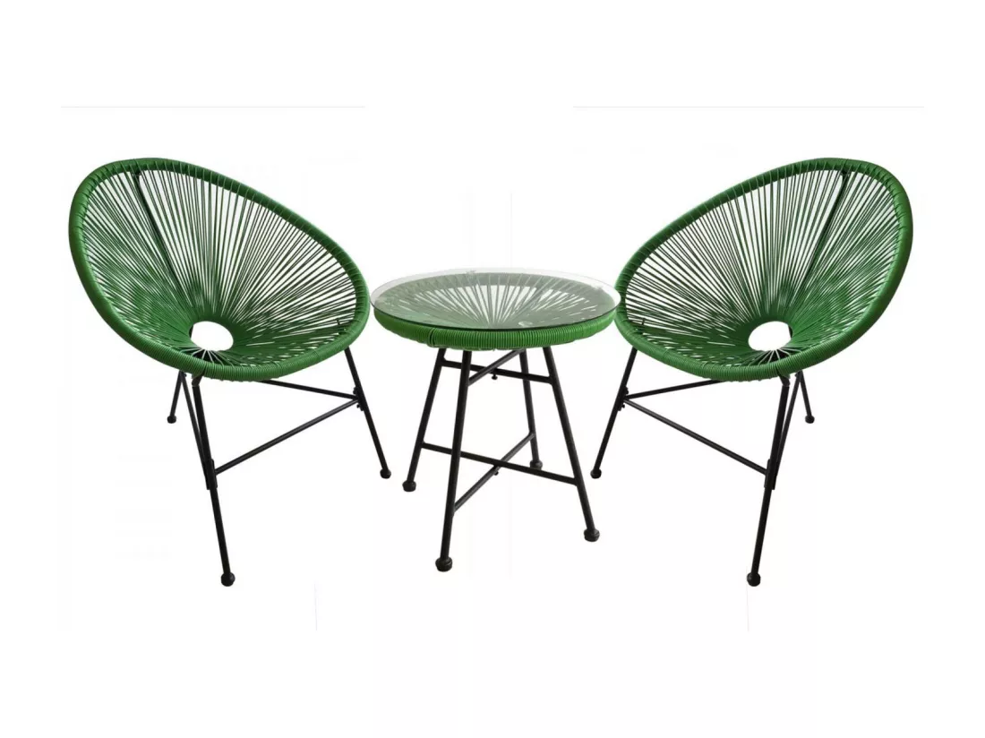 Salon de jardin 2 fauteuils oeuf + table basse vert ACAPULCO