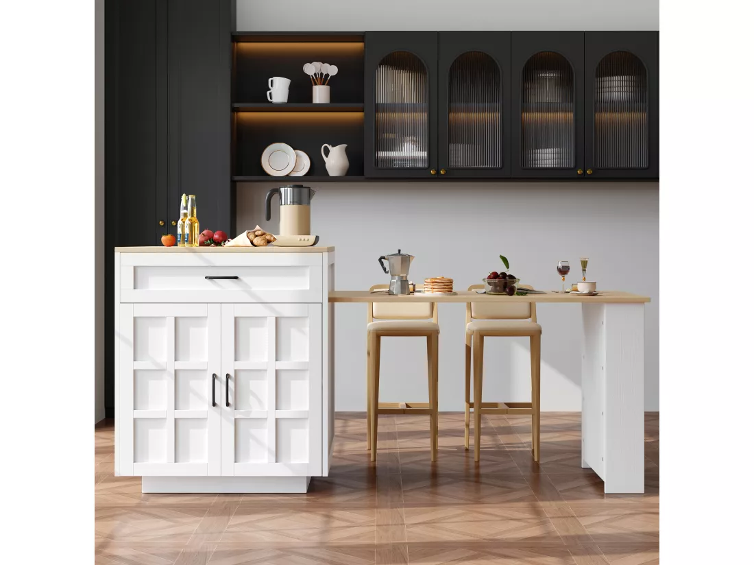 Ilot central de cuisine, table à manger 4 à 6 couverts - 2 tiroirs, 2 portes et étagères - 133/202 x 70 x 93.5 cm - MDF - Blanc