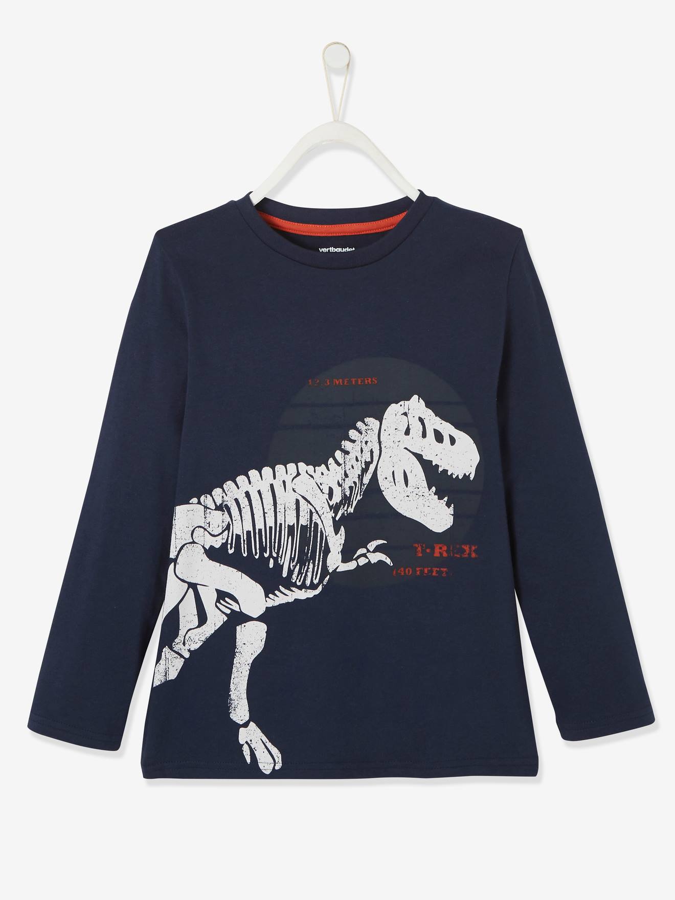 Camiseta infantil masculina com estampa de esqueleto de dinossauro T-Rex, azul lisa com detalhes.