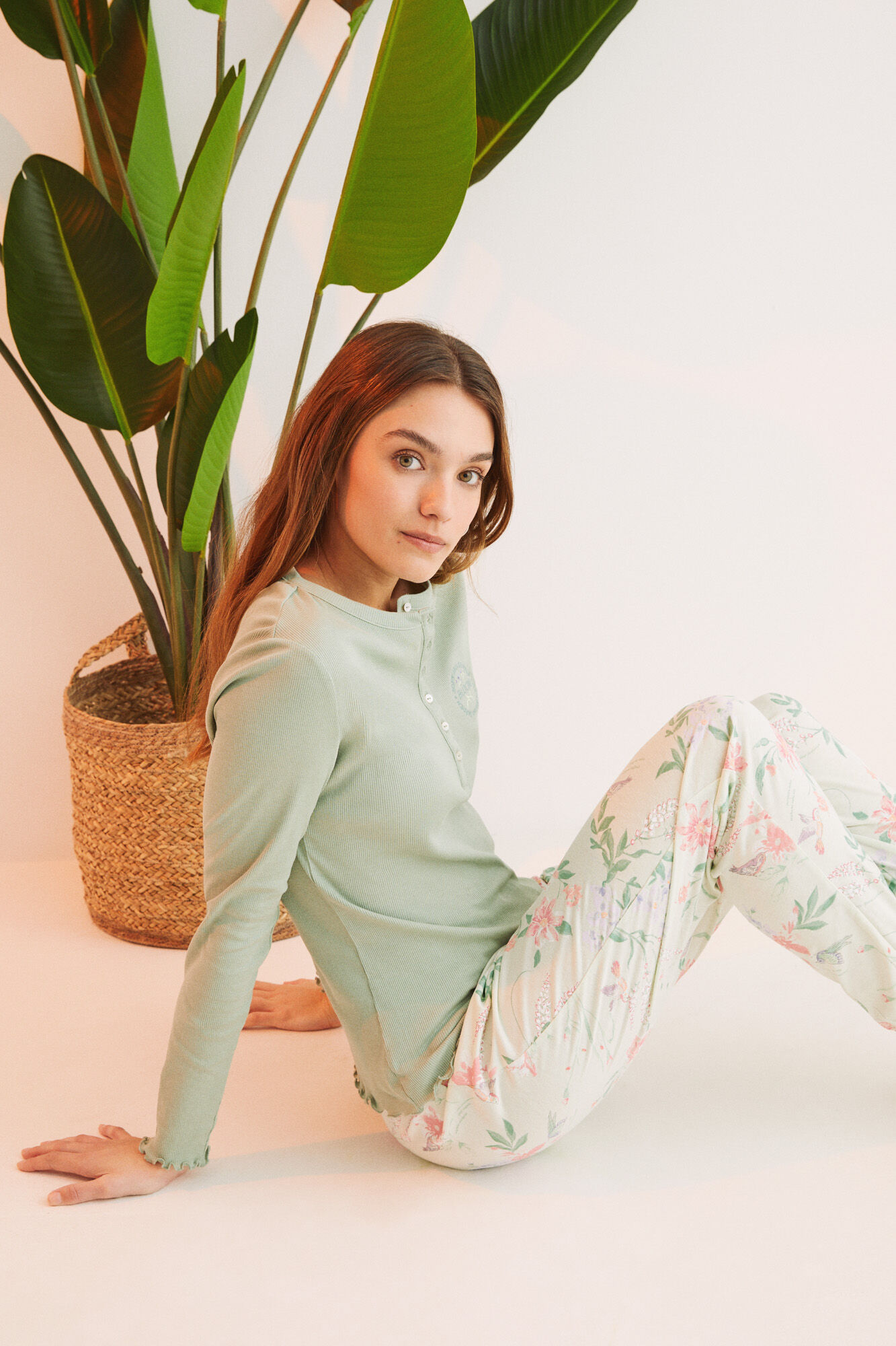 Pijama floral verde 100% algodão - verde