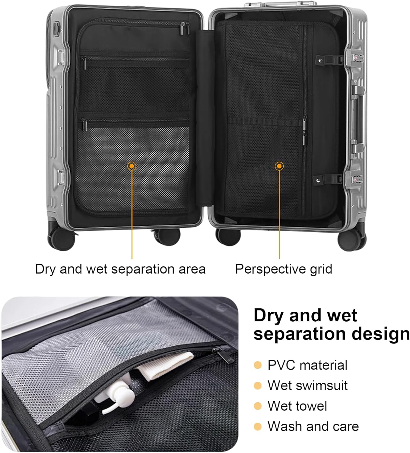 Handgepäckkoffer für Frühjahr/Sommer, fluglinienzugelassen, mit TSA-Schloss, 360°-Rollen, PC-Hartschale und druckfestem Aluminiumrahmen, passend für 20'', 24'' und 26''. (20‘’, Silber)