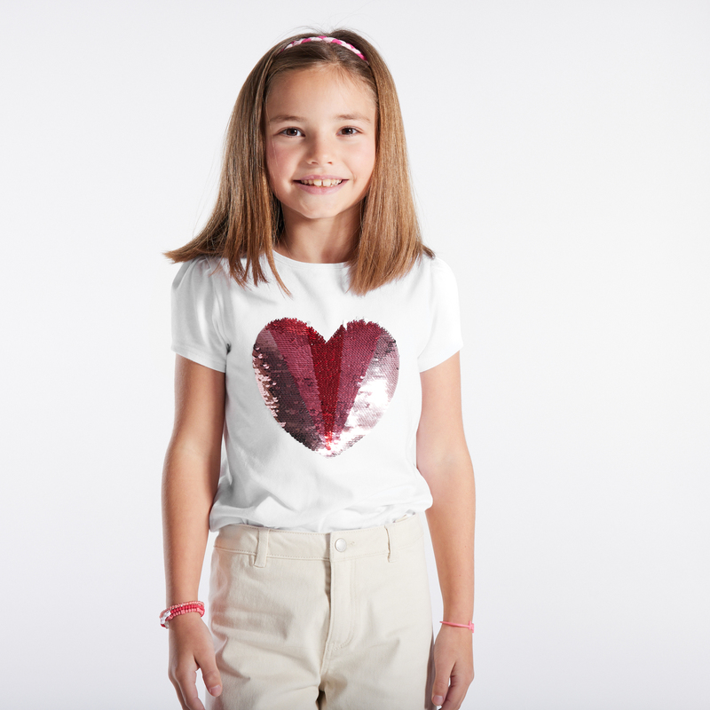 T-shirt à sequins magiques motif cœur rose fille