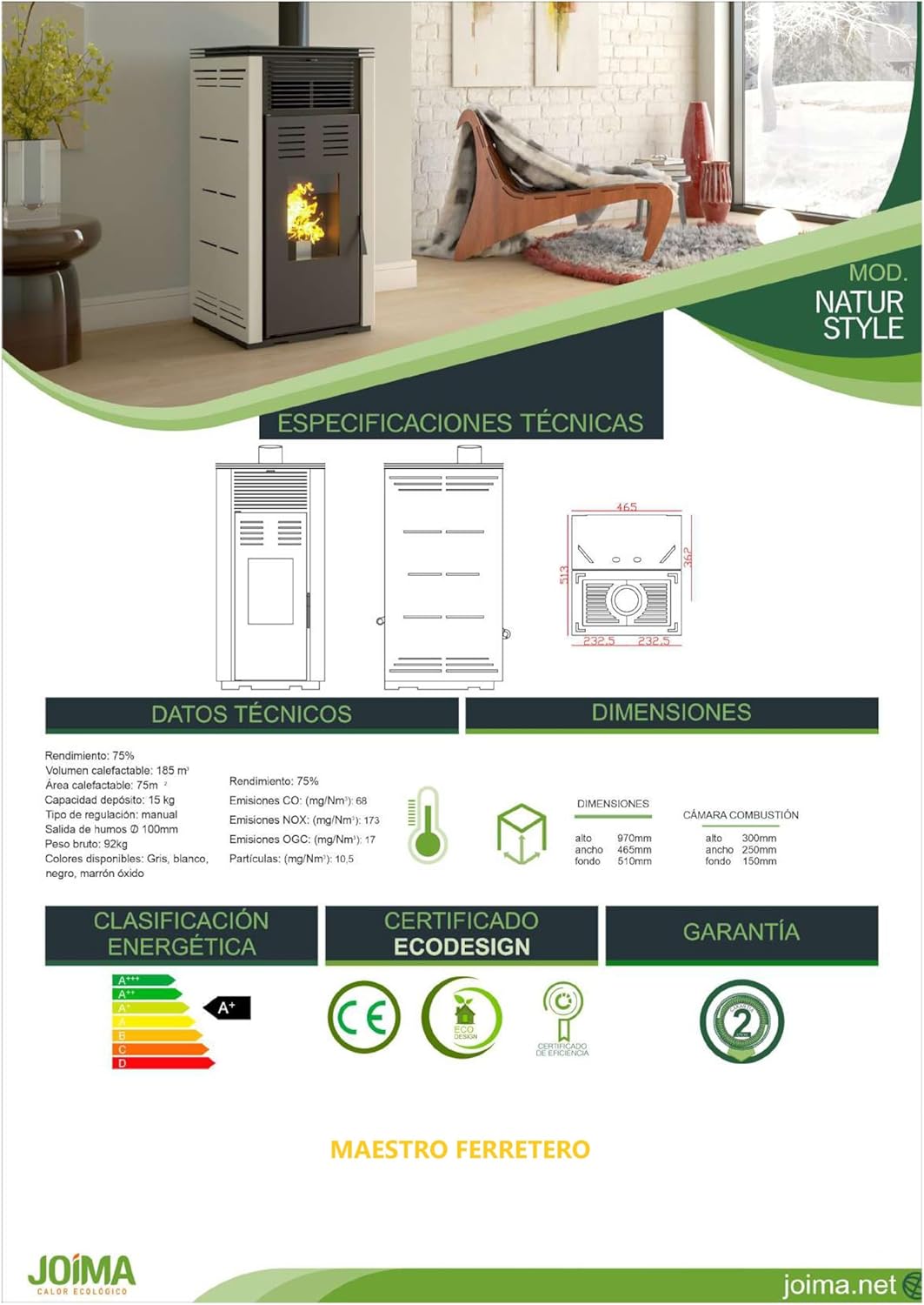 JOIMA - Pelletofen ohne Strom Natur Style Modell 8 kW (Braun)