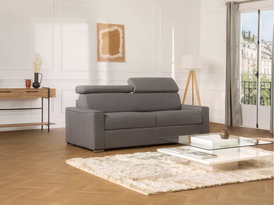 Canapé 2 places convertible express en tissu gris - couchage 120 cm - Matelas 22 cm avec mémoire de forme VIZIR
