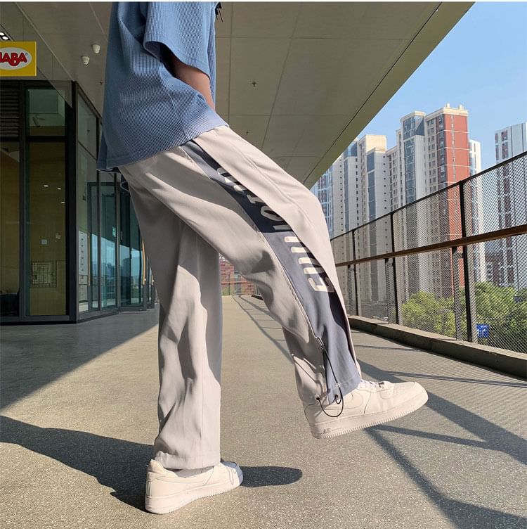 Whyessa - Mid Rise Lettering Print Panel Cropped Loose Fit Sweatpants