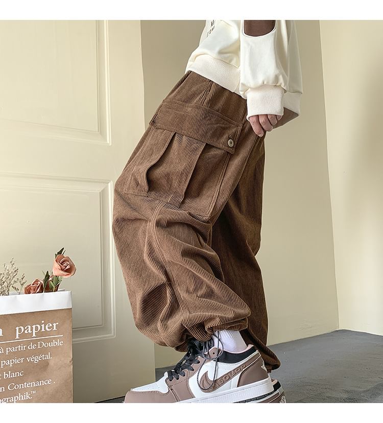 Femilina - Mid Rise Plain Corduroy Wide Leg Cargo Pants