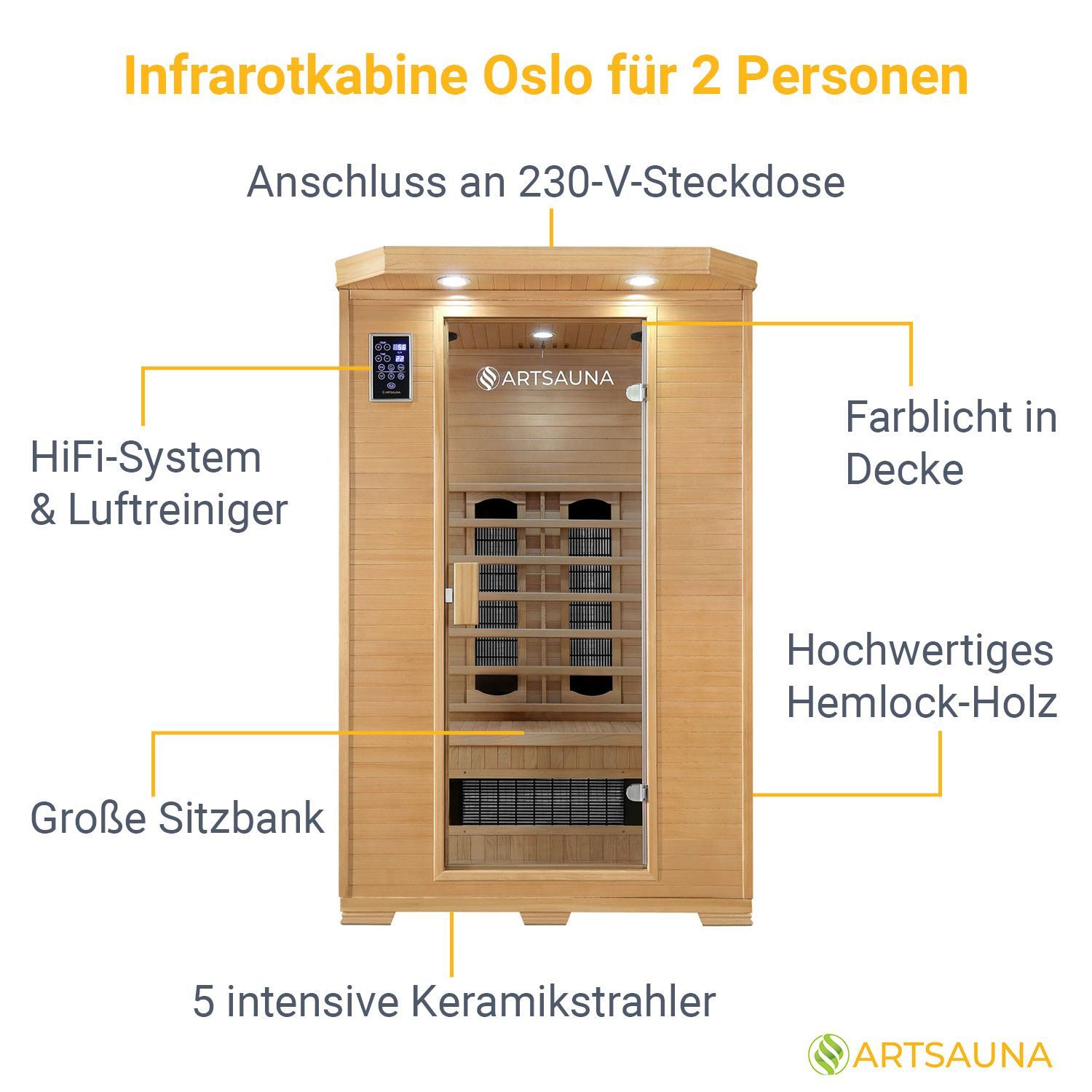 Artsauna Infrarotkabine Wärmekabine Oslo mit Keramikstrahlern & Hemlockholz