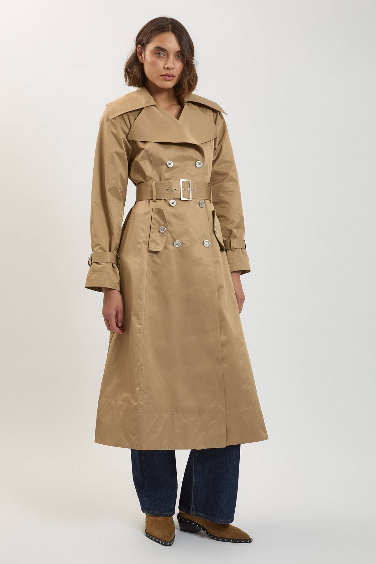 KarenMillen Trench-Coat Classique Ceinturé en Coton Brillant