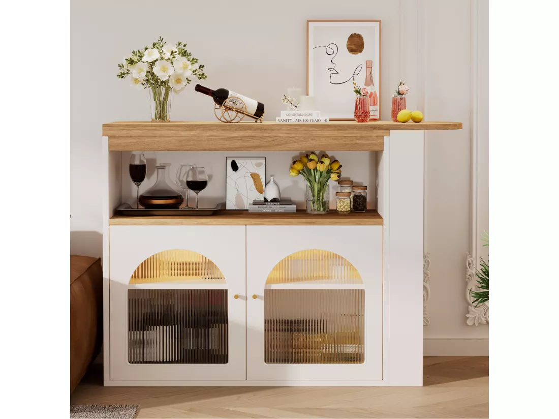 Meuble de bar pivotant - 2 portes, 3 étagères de rangement & niche - MDF plateau effet bois - LEDs - Naturel et blanc