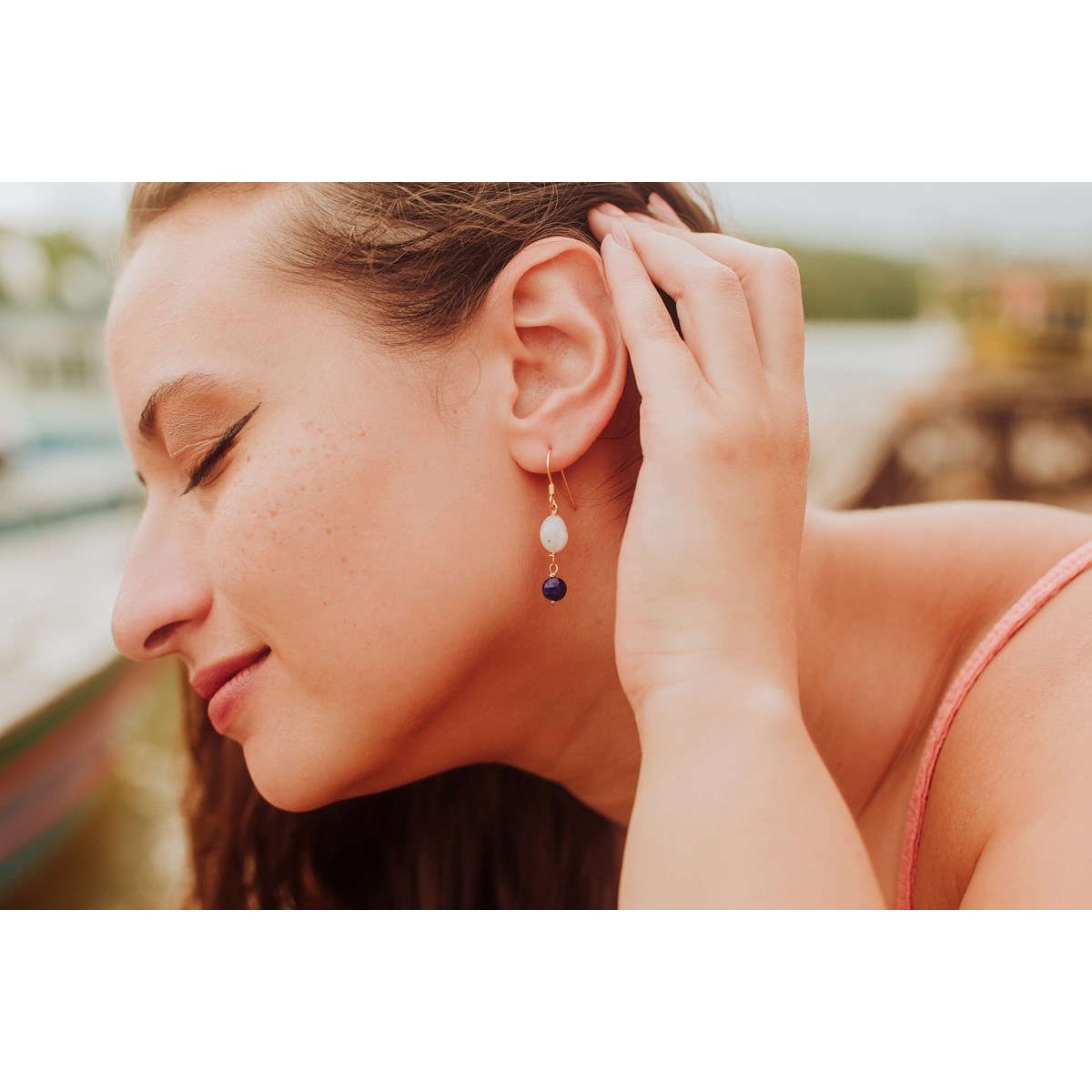 Boucles d'oreilles Pierre de Lune et Lapis-Lazuli Argent 925 Doré