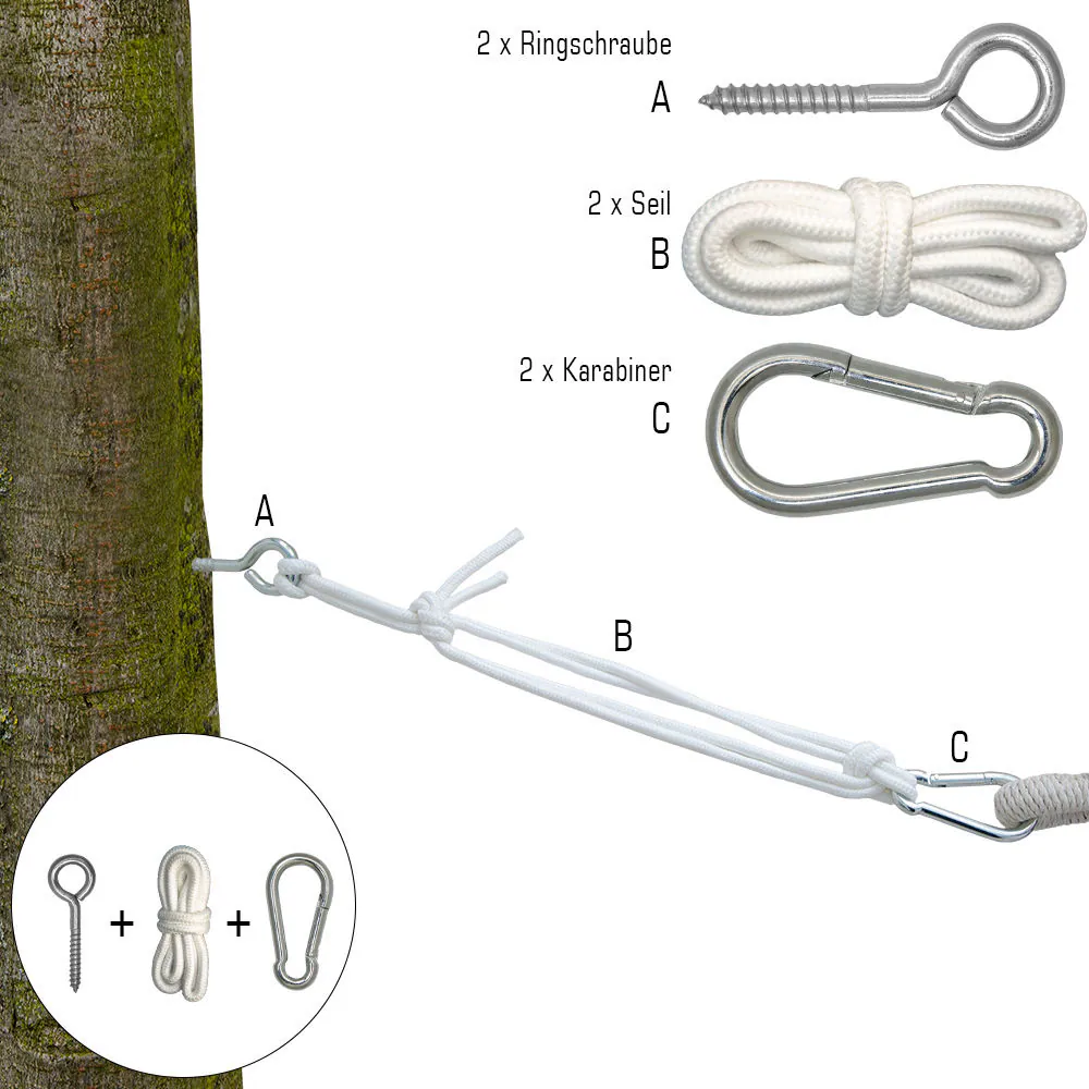 Hängematten Befestigung bis 160kg - mit Karabiner und Schrauben