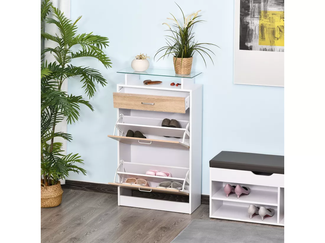 Armoire à chaussures organisateur de luxe pour chaussures 2 portes abattantes 2 compartiments, tiroir, étagère verre panneaux particules chêne blanc
