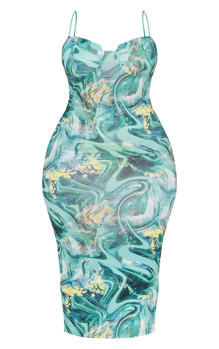Vert Robe Midi Grande Taille À Détail Bonnets Côtelée Froissée Imprimé Tourbillon