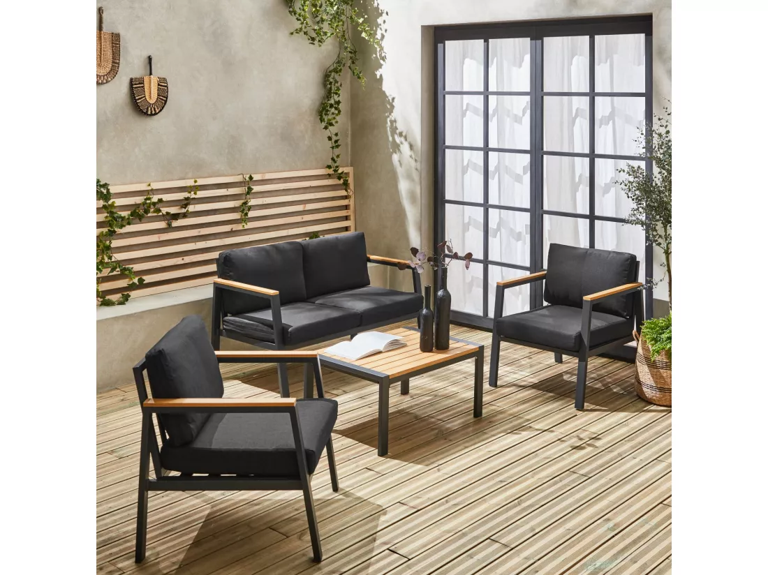 Salon de jardin Casoria. gris foncé. aluminium et polywood 4 places. 1 canapé. 2 fauteuils. 1 table basse