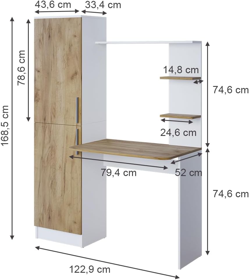 Vicco Schreibtisch Tessa, Arbeitstisch für das Büro, Weiß/Goldkraft Eiche, 122.9 x 33.4 cm
