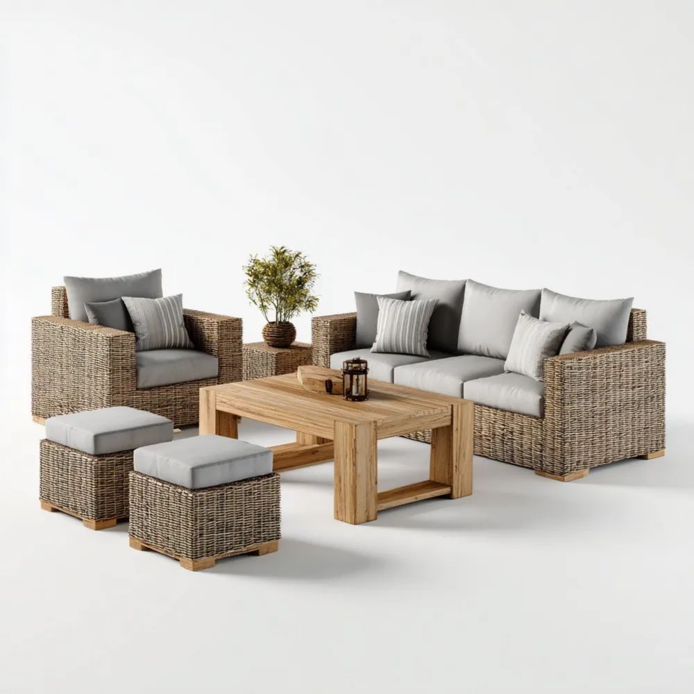 Garten-Sofaset Rattan-Bezug 200x90x70 cm – Hellgrau/Natur – Modernes Design
