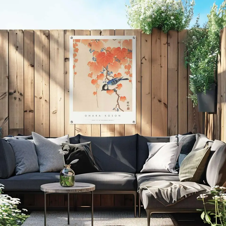 Tuinposter Ohara Koson Great tit - 80x60cm - Oranje