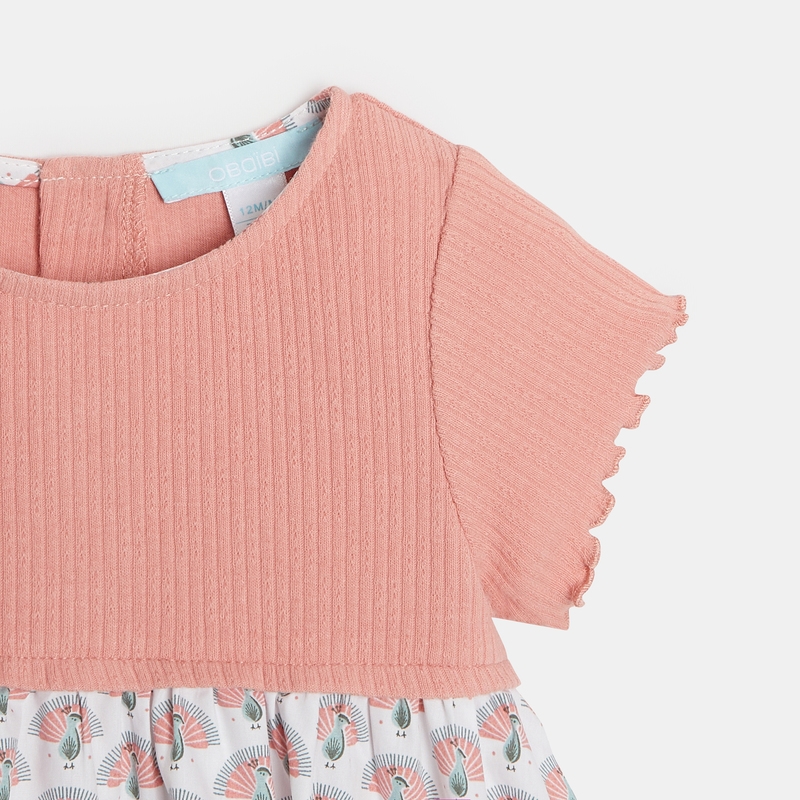 Robe bi-matière imprimée paons rose bébé fille