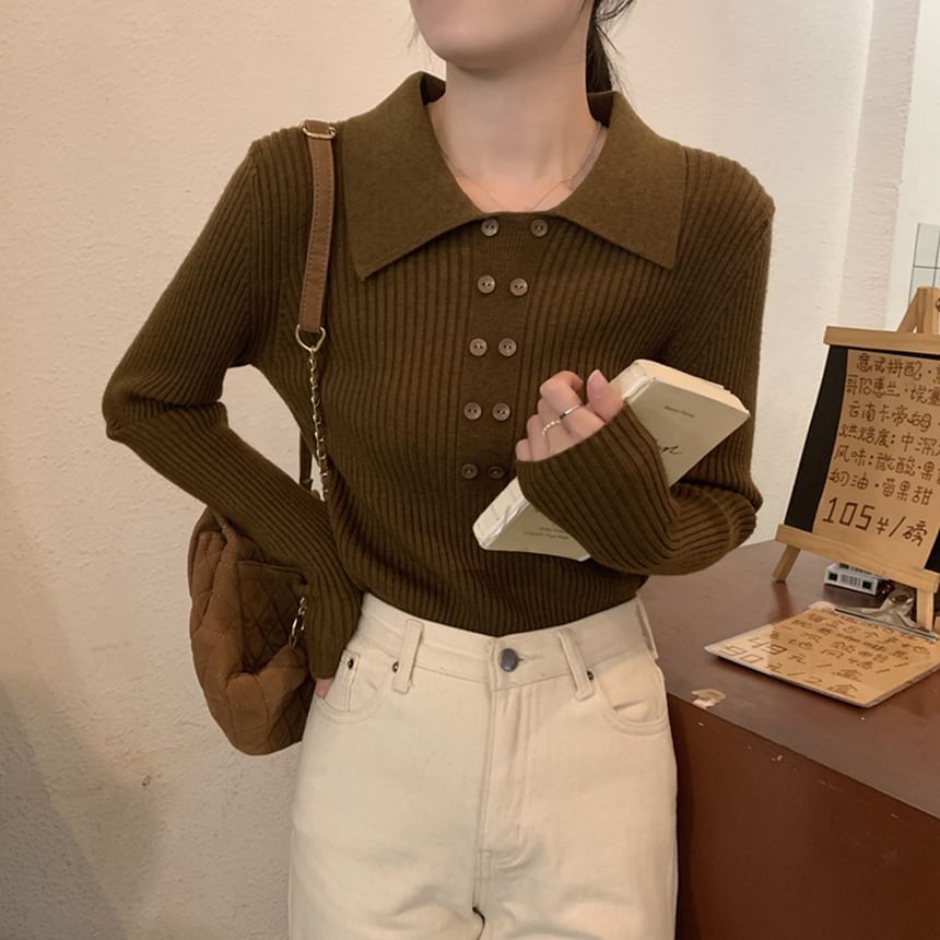 Ukiyo - Lange mouwen, kraag, effen geribbelde gebreide crop top