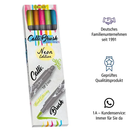 ONLINE Set Calli.Brush, 5 Double-Tip Pens, Pinselspitze und Kalligrafie-Spitze, Neon