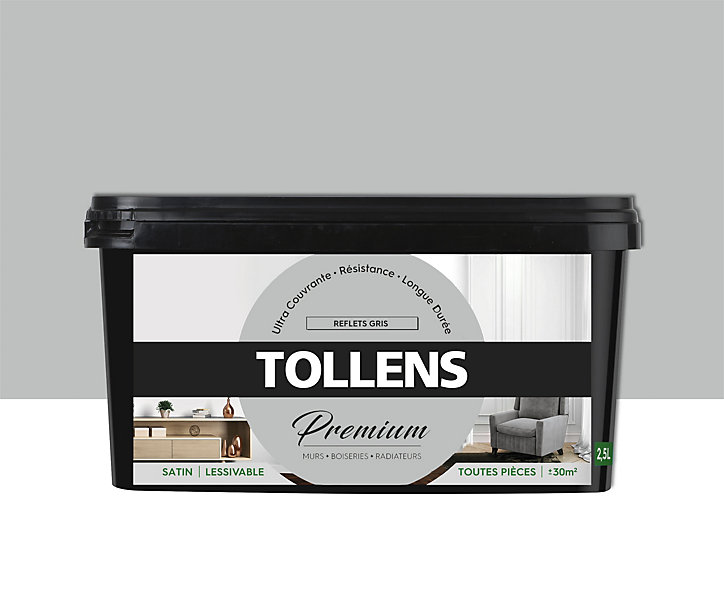 Peinture Tollens premium murs, boiseries et radiateurs reflets gris satin 2,5L