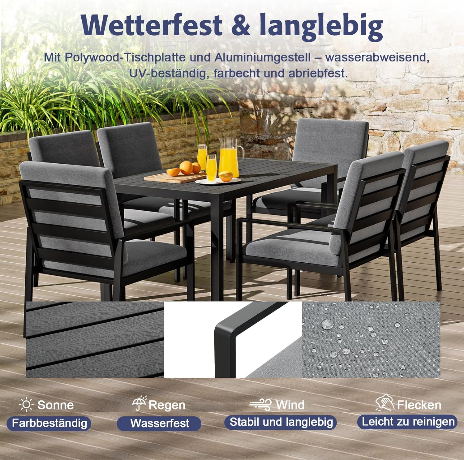 Atenza Gartenmöbel Set 6 Personen, 6+1 Aluminium Tisch und Stühle Set, 6 Sessel, 1 WPC Esstisch, inkl. Auflagen, Wetterfest Terrassenmöbel für Garten Terrasse Balkon (Schwarz, 6 Sessel+1 Esstisch)