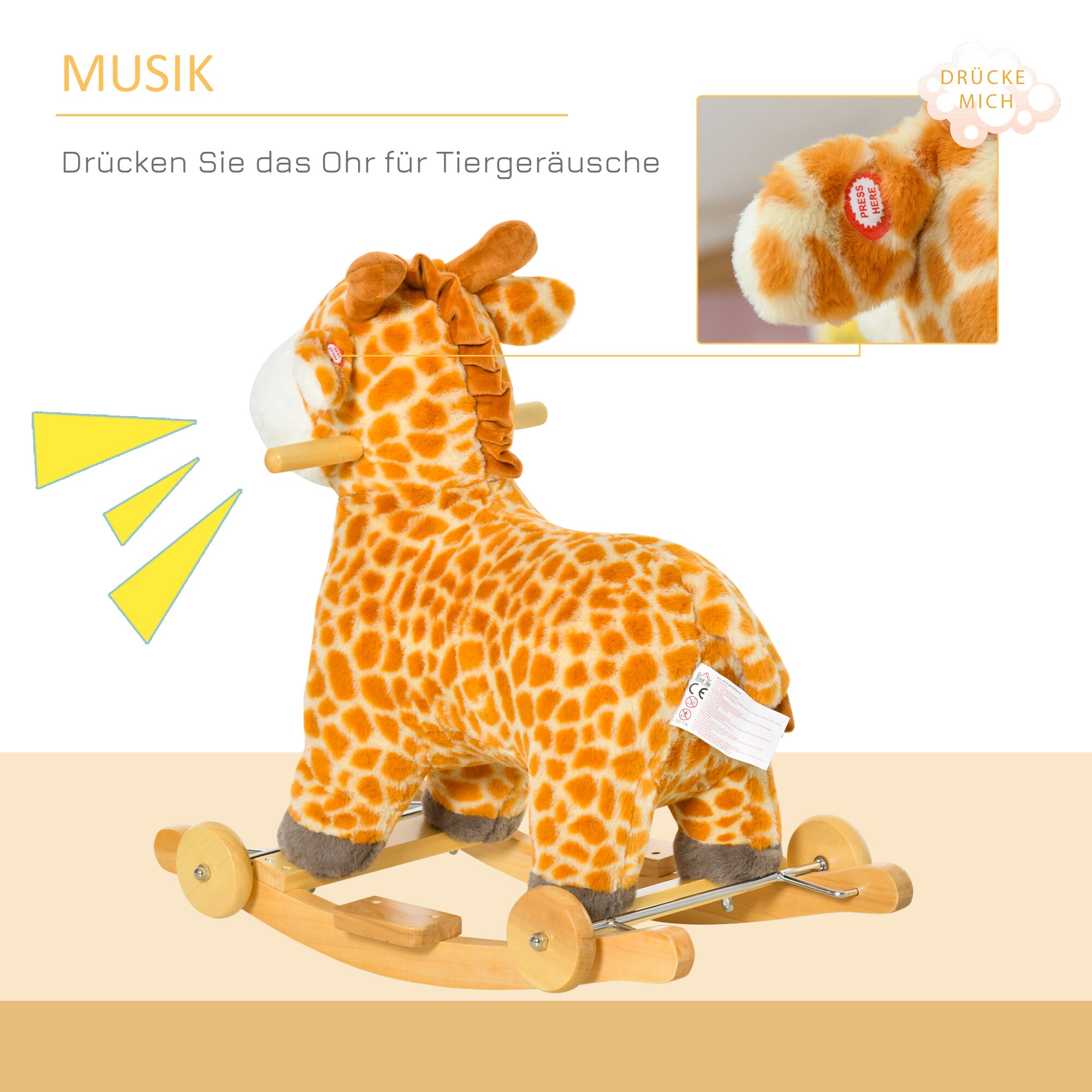 HOMCOM Schaukeltier Spielzeug, Triceratops, Giraffe Gelb 63 x 38 x 63 cm (LxBxH)