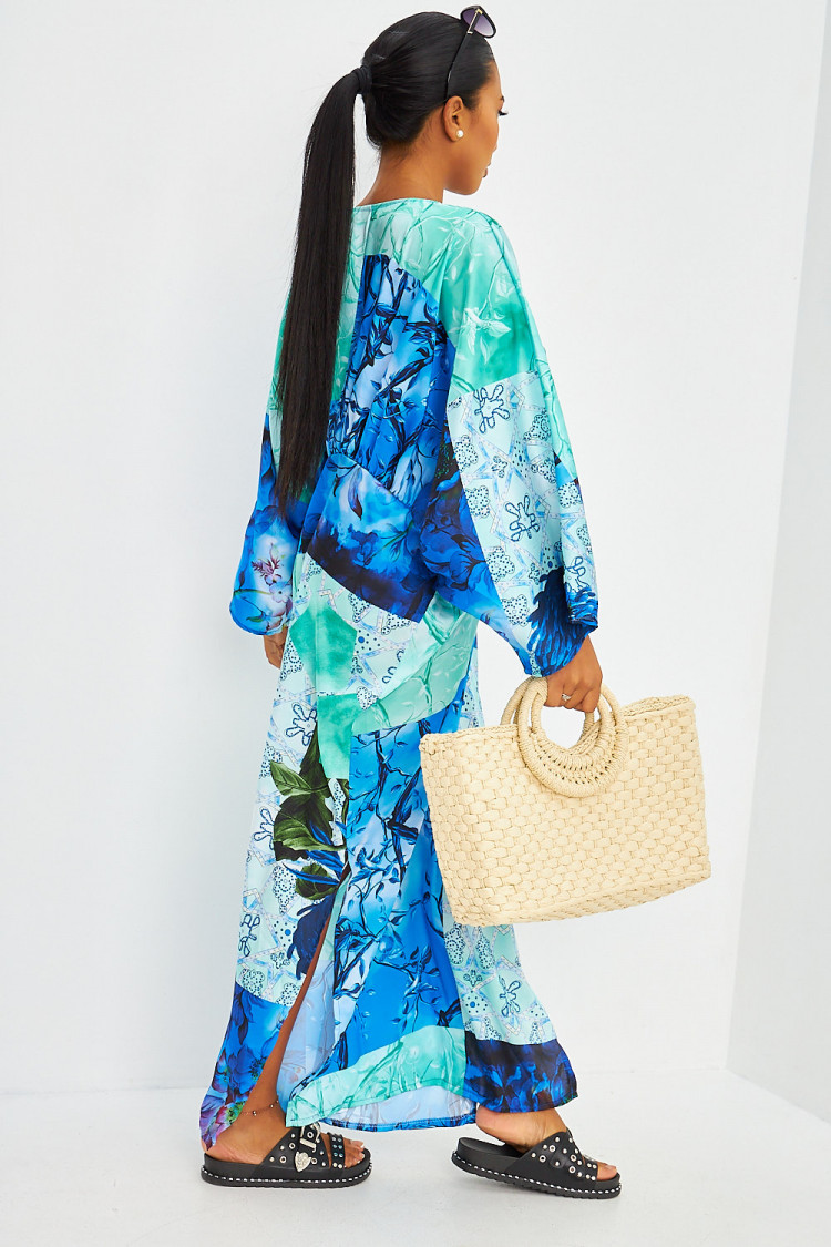 Robe maxi à imprimé végétal style patchwork bleue et verte